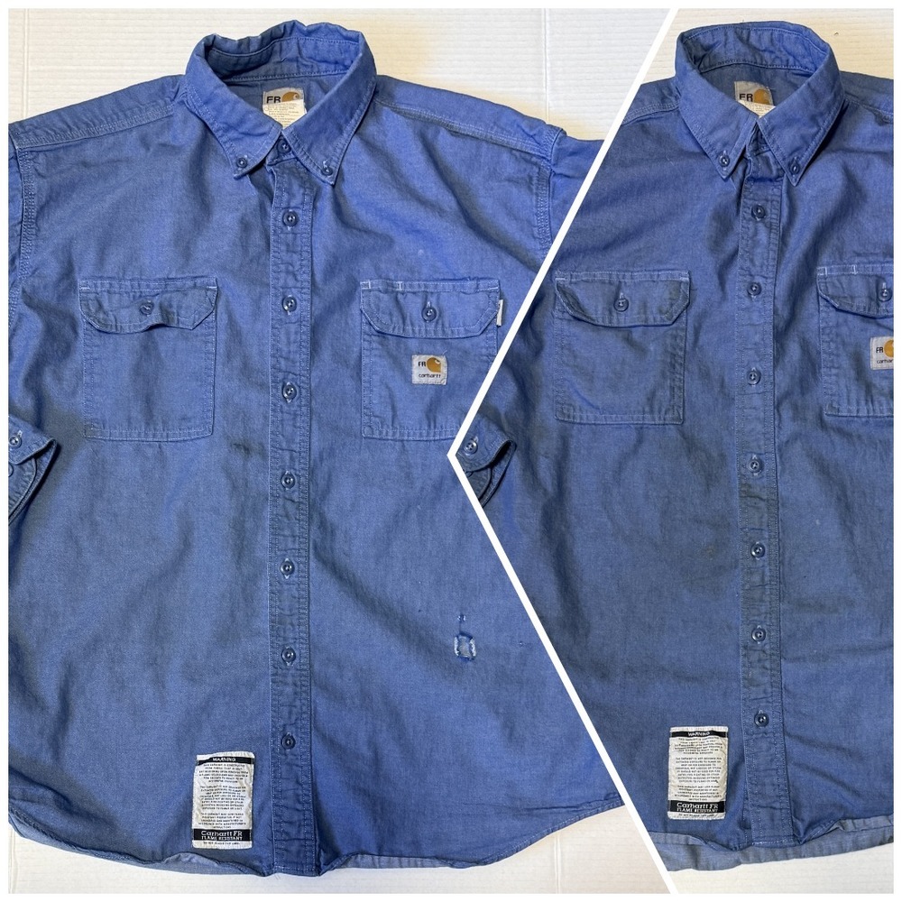 Lot 2 - CARHARTT FR - Men's VTG Flame Resist Denim Distressed Work Shirt - Large